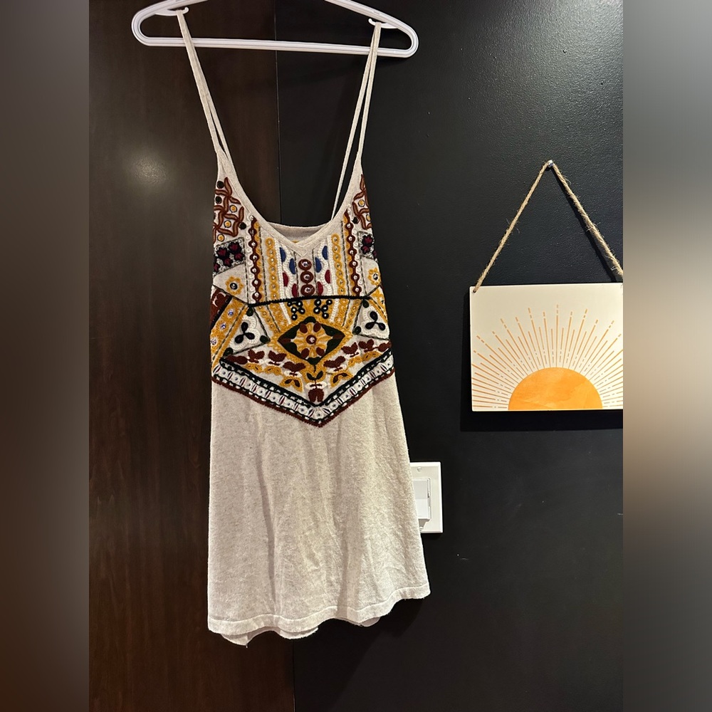 Zara knit Cream Embroidered tunic dress with Mustard, Brown & Navy Accents